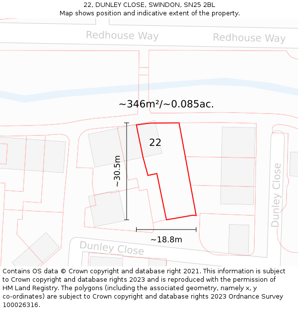 22, DUNLEY CLOSE, SWINDON, SN25 2BL: Plot and title map
