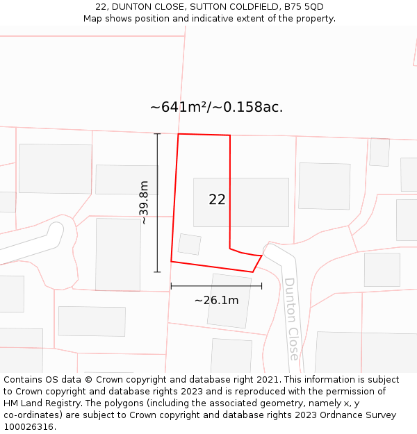 22, DUNTON CLOSE, SUTTON COLDFIELD, B75 5QD: Plot and title map