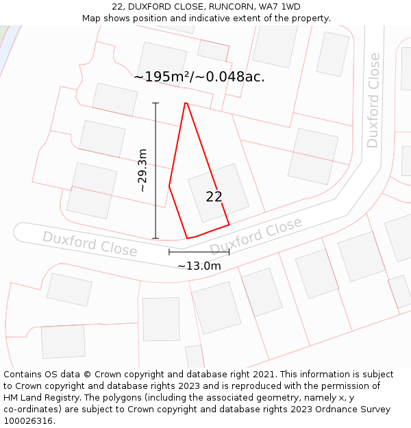 22, DUXFORD CLOSE, RUNCORN, WA7 1WD: Plot and title map