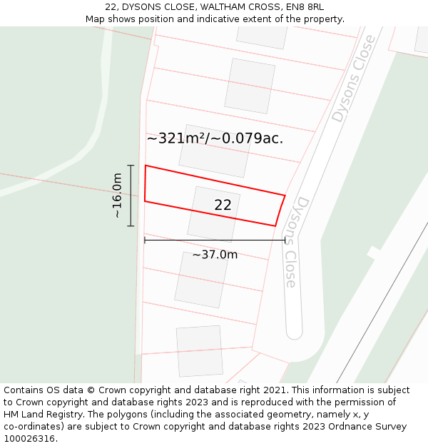 22, DYSONS CLOSE, WALTHAM CROSS, EN8 8RL: Plot and title map