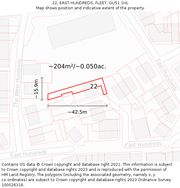 22, EAST HUNDREDS, FLEET, GU51 1HL: Plot and title map