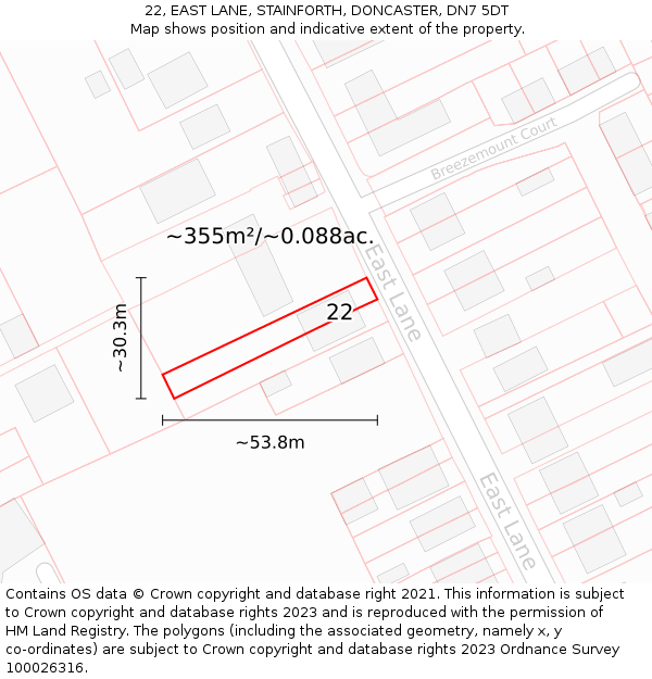 22, EAST LANE, STAINFORTH, DONCASTER, DN7 5DT: Plot and title map