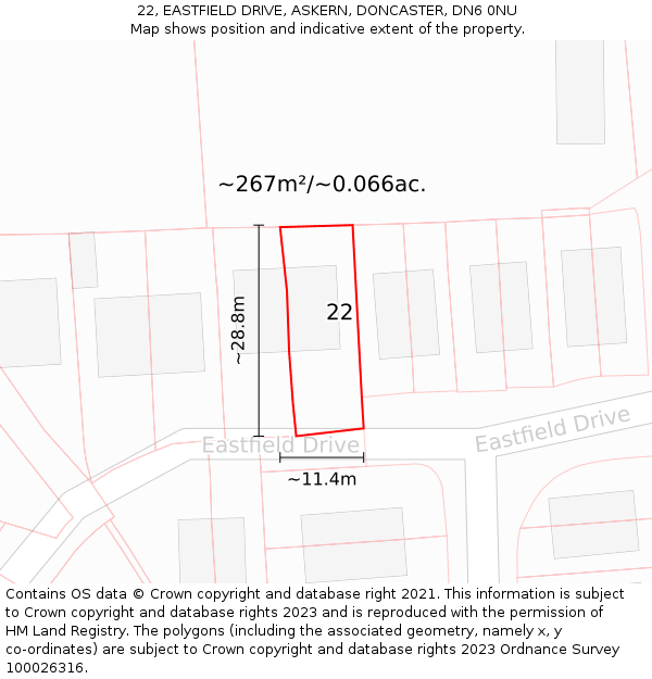 22, EASTFIELD DRIVE, ASKERN, DONCASTER, DN6 0NU: Plot and title map