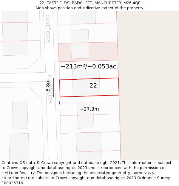 22, EASTFIELDS, RADCLIFFE, MANCHESTER, M26 4QE: Plot and title map