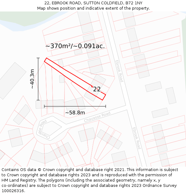 22, EBROOK ROAD, SUTTON COLDFIELD, B72 1NY: Plot and title map