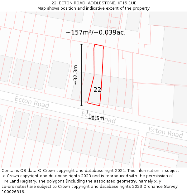 22, ECTON ROAD, ADDLESTONE, KT15 1UE: Plot and title map