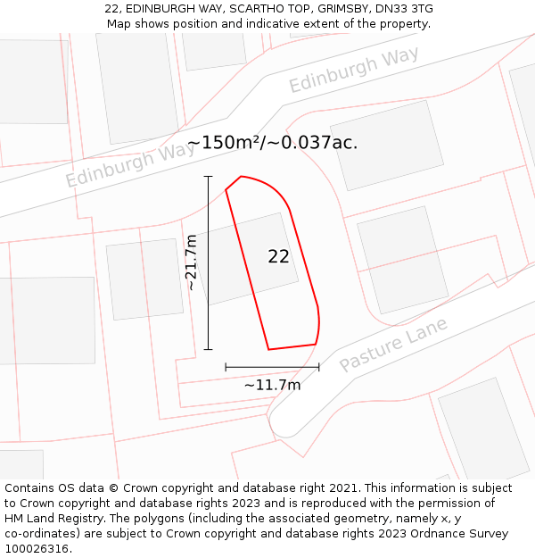 22, EDINBURGH WAY, SCARTHO TOP, GRIMSBY, DN33 3TG: Plot and title map