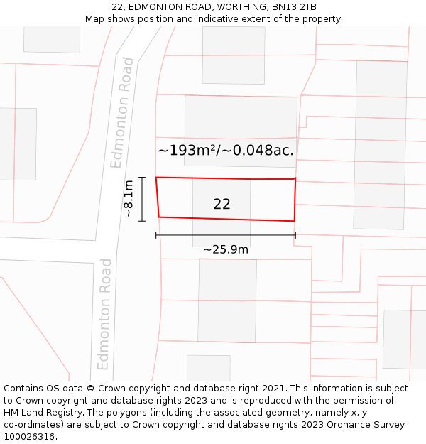 22, EDMONTON ROAD, WORTHING, BN13 2TB: Plot and title map