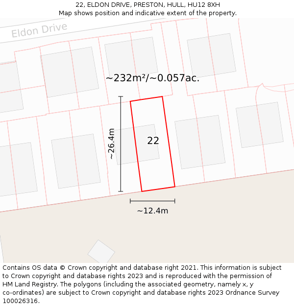 22, ELDON DRIVE, PRESTON, HULL, HU12 8XH: Plot and title map
