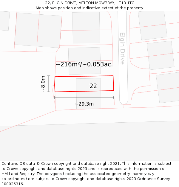 22, ELGIN DRIVE, MELTON MOWBRAY, LE13 1TG: Plot and title map