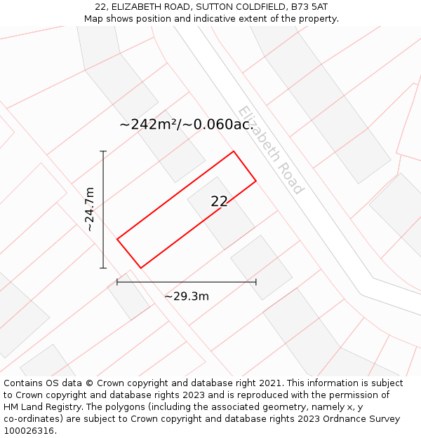 22, ELIZABETH ROAD, SUTTON COLDFIELD, B73 5AT: Plot and title map