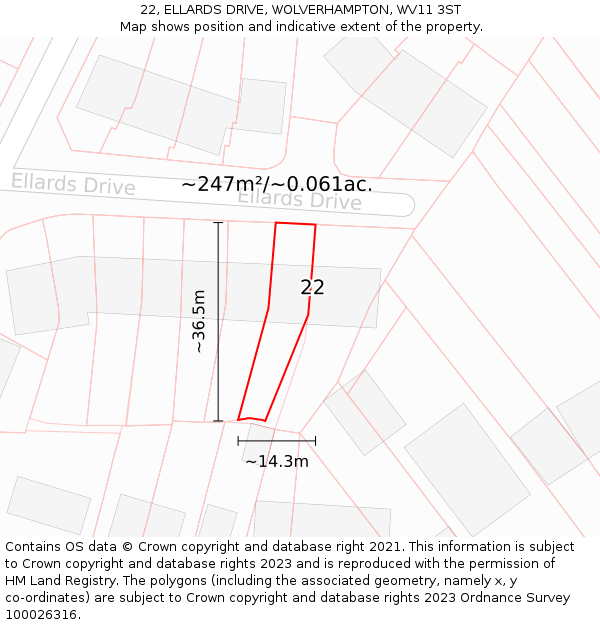 22, ELLARDS DRIVE, WOLVERHAMPTON, WV11 3ST: Plot and title map