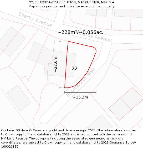 22, ELLERBY AVENUE, CLIFTON, MANCHESTER, M27 8LA: Plot and title map