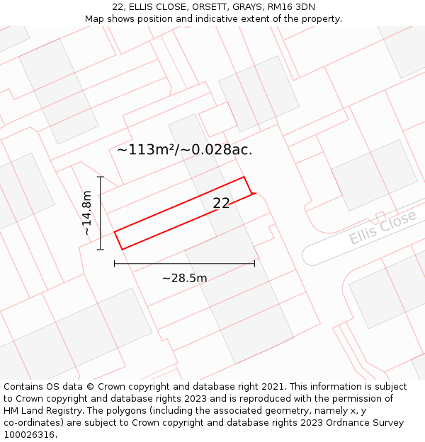 22, ELLIS CLOSE, ORSETT, GRAYS, RM16 3DN: Plot and title map