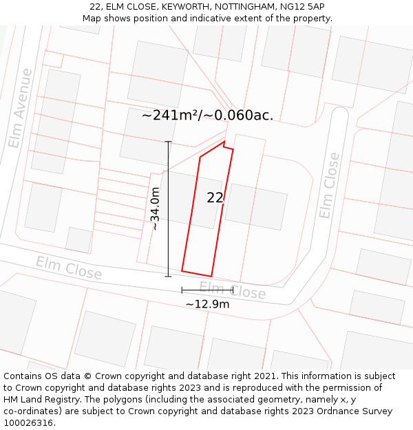 22, ELM CLOSE, KEYWORTH, NOTTINGHAM, NG12 5AP: Plot and title map