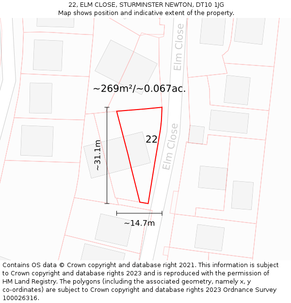 22, ELM CLOSE, STURMINSTER NEWTON, DT10 1JG: Plot and title map
