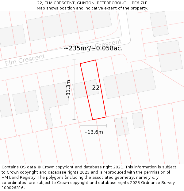 22, ELM CRESCENT, GLINTON, PETERBOROUGH, PE6 7LE: Plot and title map