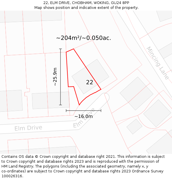 22, ELM DRIVE, CHOBHAM, WOKING, GU24 8PP: Plot and title map