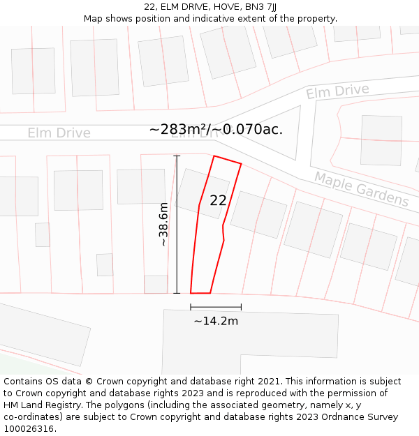 22, ELM DRIVE, HOVE, BN3 7JJ: Plot and title map