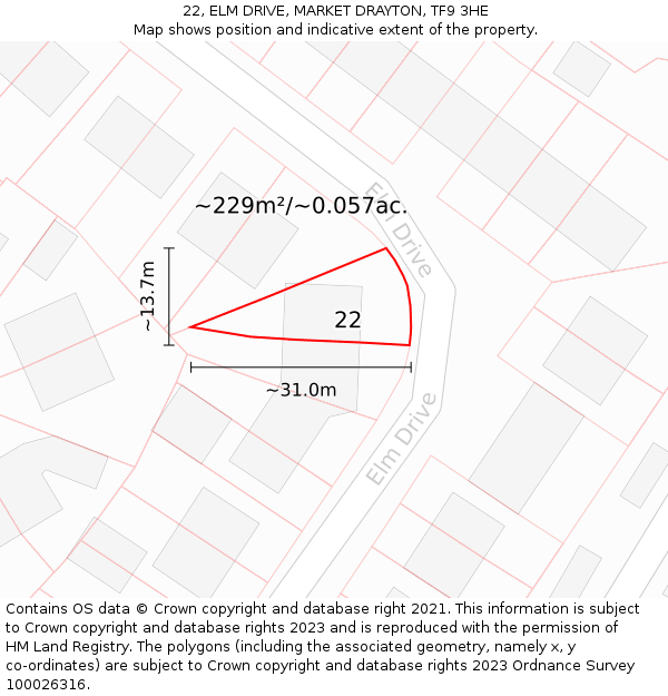 22, ELM DRIVE, MARKET DRAYTON, TF9 3HE: Plot and title map