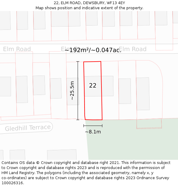 22, ELM ROAD, DEWSBURY, WF13 4EY: Plot and title map