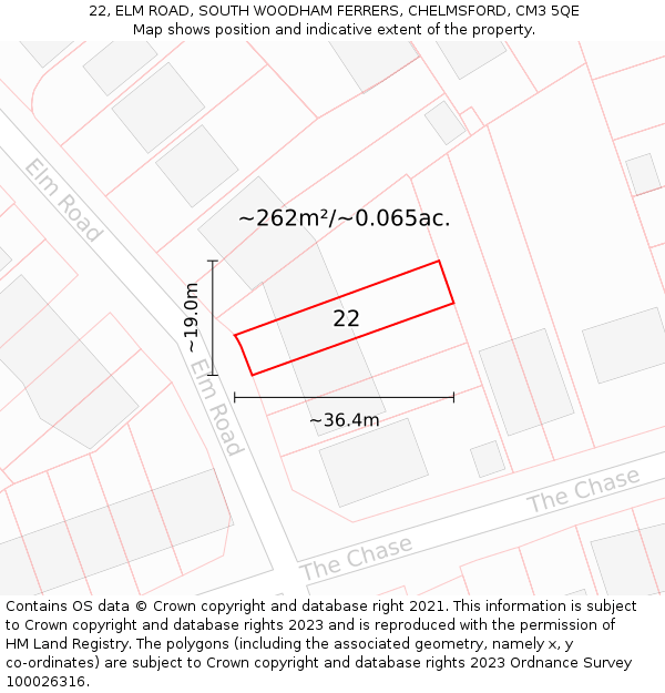 22, ELM ROAD, SOUTH WOODHAM FERRERS, CHELMSFORD, CM3 5QE: Plot and title map
