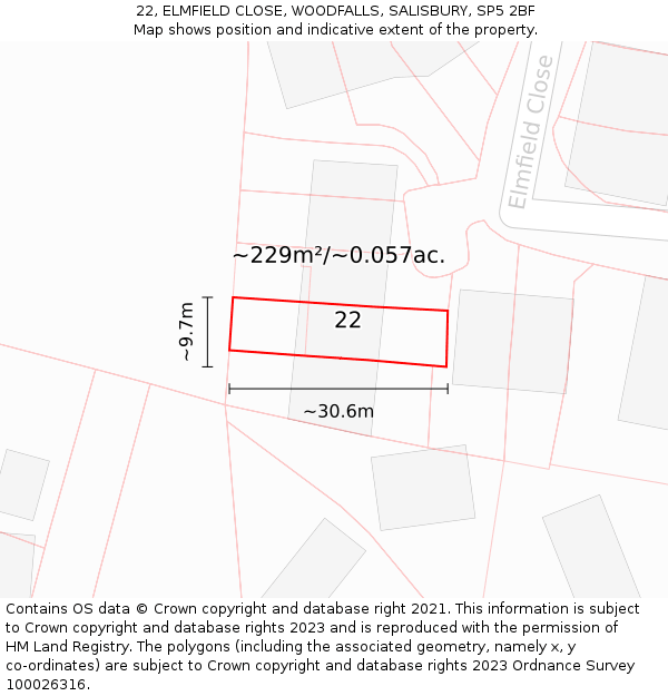 22, ELMFIELD CLOSE, WOODFALLS, SALISBURY, SP5 2BF: Plot and title map