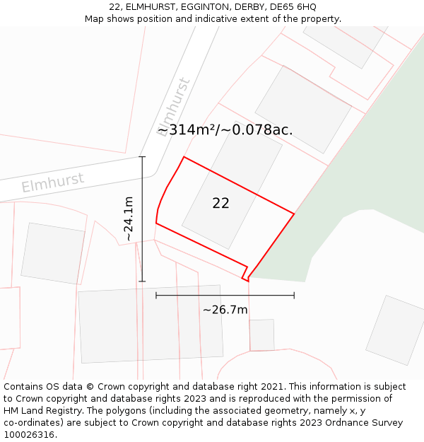 22, ELMHURST, EGGINTON, DERBY, DE65 6HQ: Plot and title map