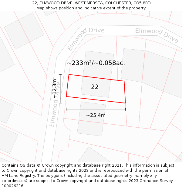 22, ELMWOOD DRIVE, WEST MERSEA, COLCHESTER, CO5 8RD: Plot and title map