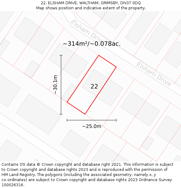 22, ELSHAM DRIVE, WALTHAM, GRIMSBY, DN37 0DQ: Plot and title map