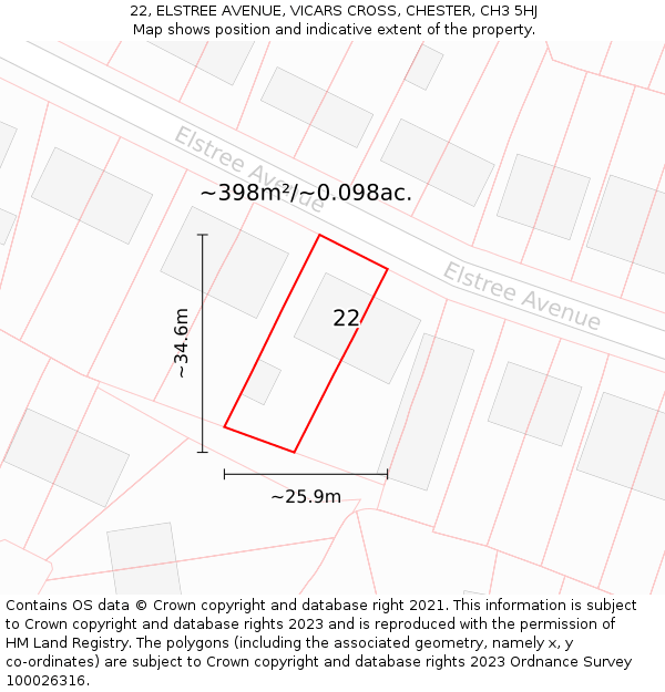 22, ELSTREE AVENUE, VICARS CROSS, CHESTER, CH3 5HJ: Plot and title map