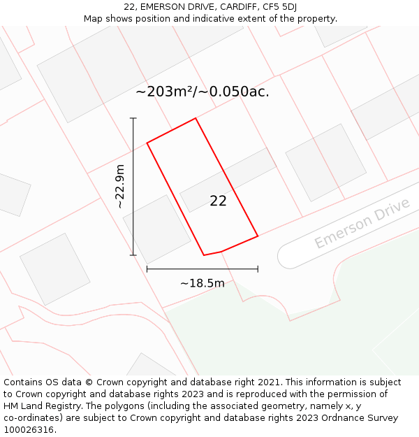 22, EMERSON DRIVE, CARDIFF, CF5 5DJ: Plot and title map