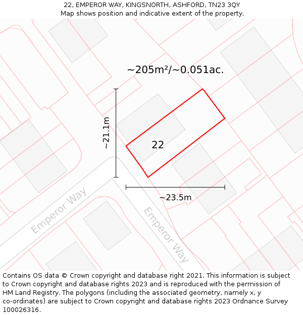 22, EMPEROR WAY, KINGSNORTH, ASHFORD, TN23 3QY: Plot and title map