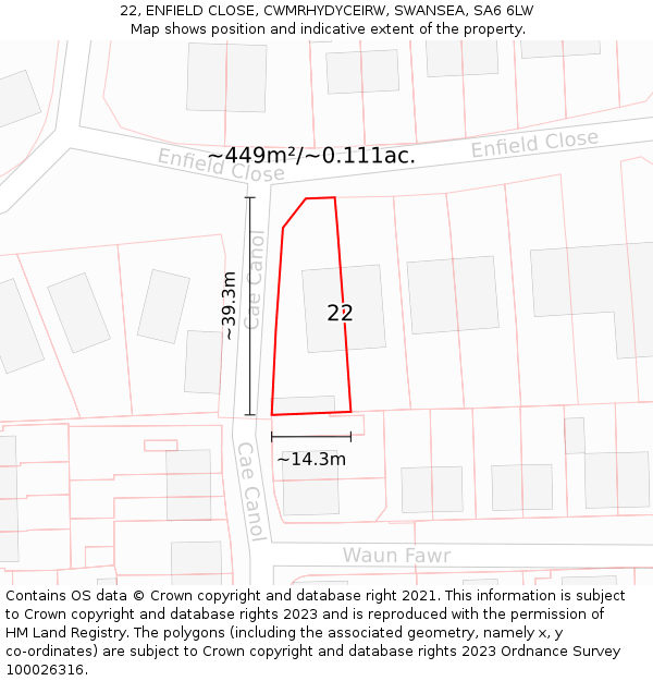 22, ENFIELD CLOSE, CWMRHYDYCEIRW, SWANSEA, SA6 6LW: Plot and title map