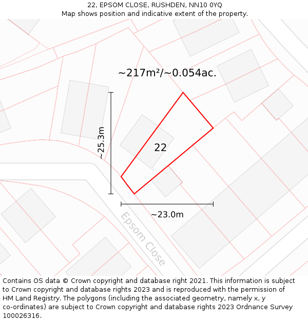 22, EPSOM CLOSE, RUSHDEN, NN10 0YQ: Plot and title map