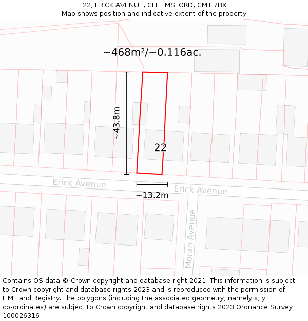 22, ERICK AVENUE, CHELMSFORD, CM1 7BX: Plot and title map