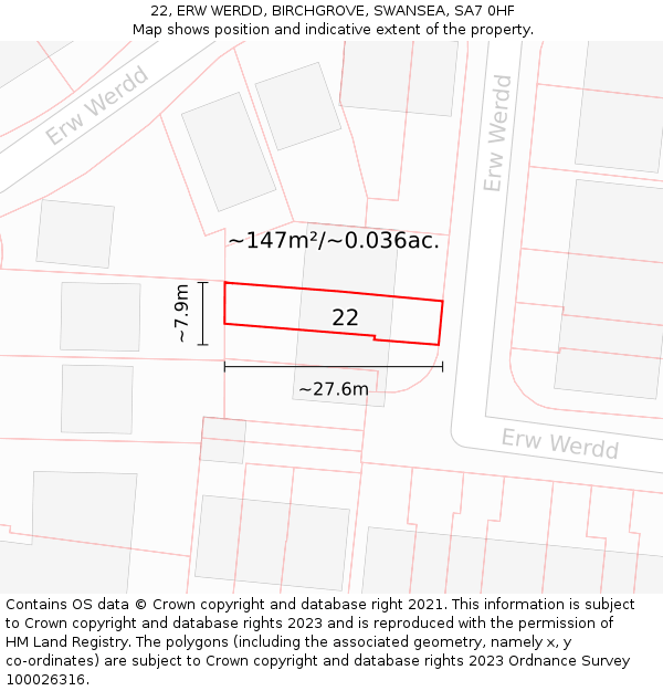 22, ERW WERDD, BIRCHGROVE, SWANSEA, SA7 0HF: Plot and title map