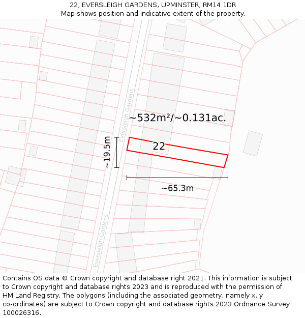 22, EVERSLEIGH GARDENS, UPMINSTER, RM14 1DR: Plot and title map