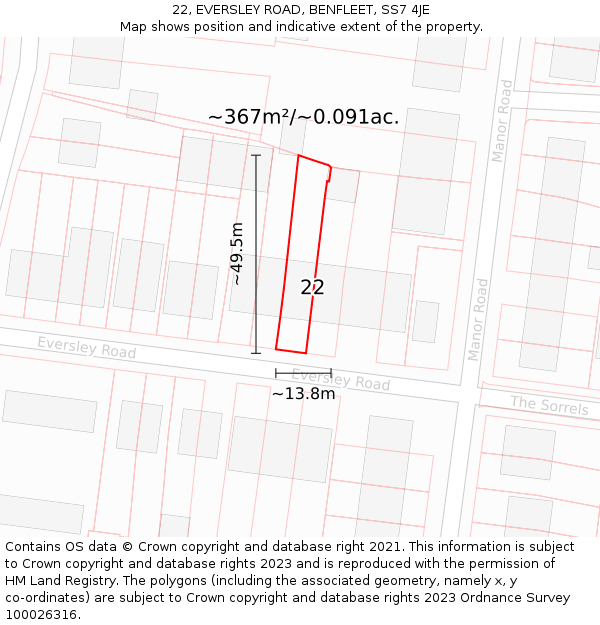 22, EVERSLEY ROAD, BENFLEET, SS7 4JE: Plot and title map