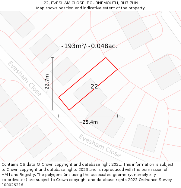 22, EVESHAM CLOSE, BOURNEMOUTH, BH7 7HN: Plot and title map