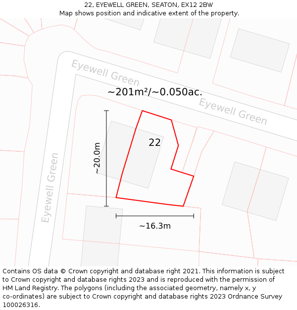 22, EYEWELL GREEN, SEATON, EX12 2BW: Plot and title map