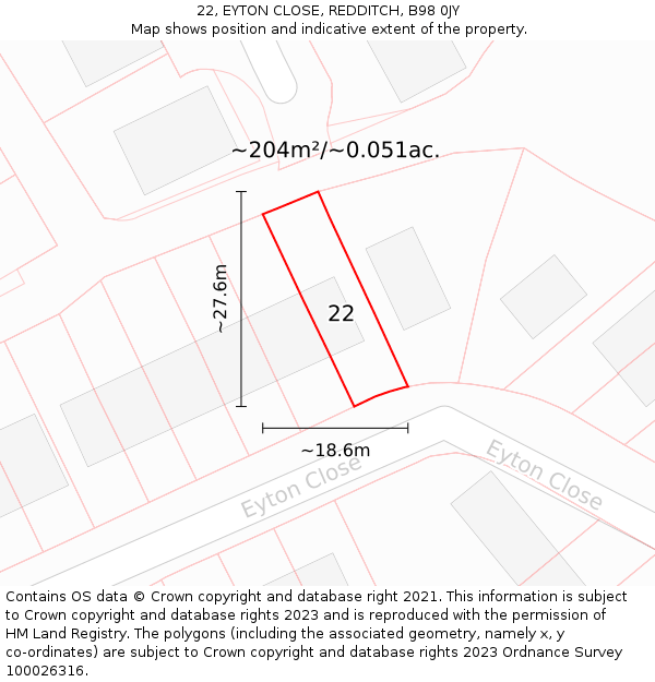 22, EYTON CLOSE, REDDITCH, B98 0JY: Plot and title map