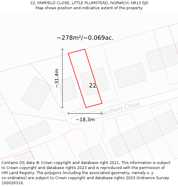 22, FAIRFIELD CLOSE, LITTLE PLUMSTEAD, NORWICH, NR13 5JD: Plot and title map