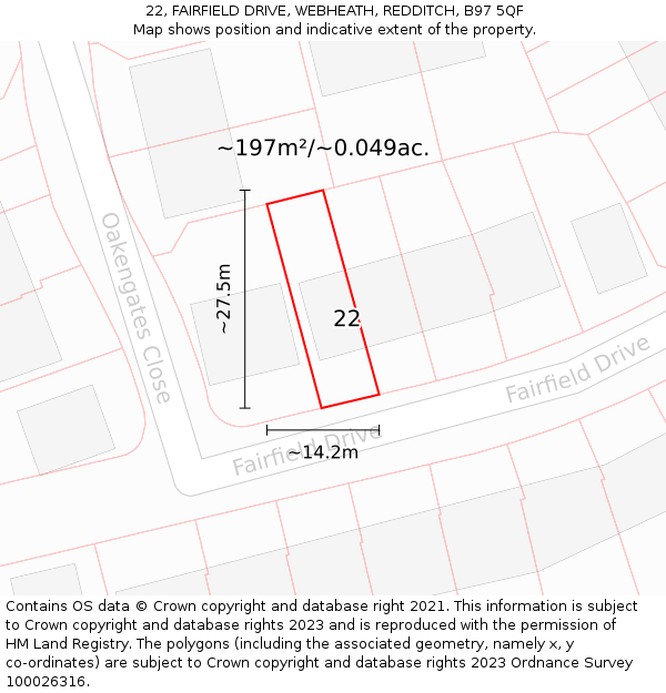 22, FAIRFIELD DRIVE, WEBHEATH, REDDITCH, B97 5QF: Plot and title map