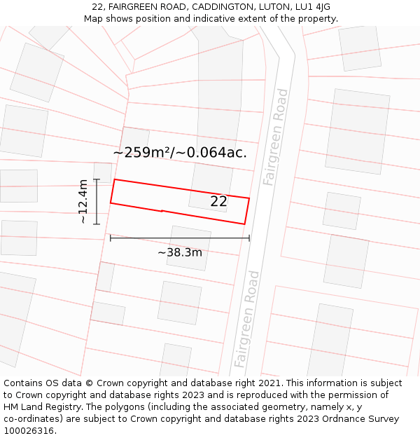 22, FAIRGREEN ROAD, CADDINGTON, LUTON, LU1 4JG: Plot and title map