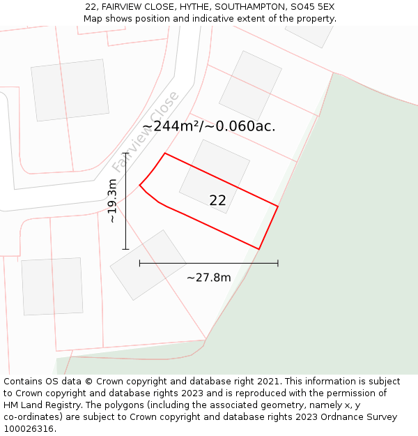 22, FAIRVIEW CLOSE, HYTHE, SOUTHAMPTON, SO45 5EX: Plot and title map