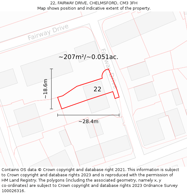 22, FAIRWAY DRIVE, CHELMSFORD, CM3 3FH: Plot and title map