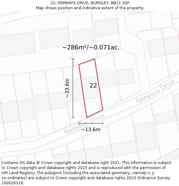 22, FAIRWAYS DRIVE, BURNLEY, BB11 3QF: Plot and title map
