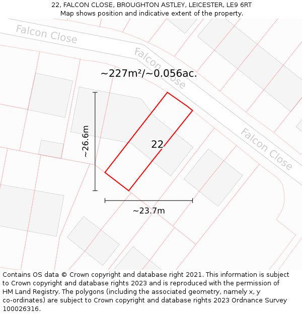 22, FALCON CLOSE, BROUGHTON ASTLEY, LEICESTER, LE9 6RT: Plot and title map