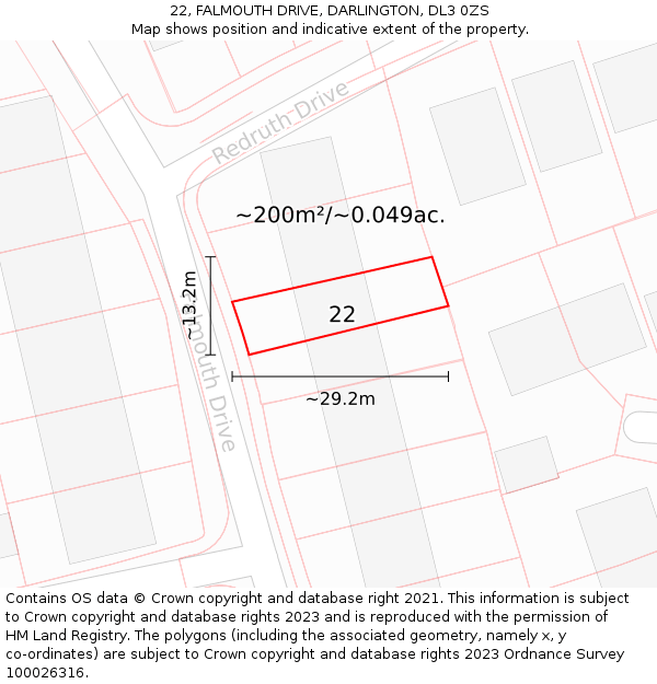 22, FALMOUTH DRIVE, DARLINGTON, DL3 0ZS: Plot and title map